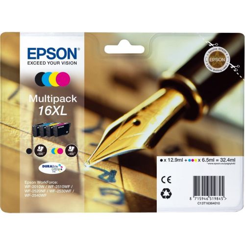 엡손 Epson 16XL Multipack - Print Cartridge - XL Size - 1 x Black, Yellow, Cyan, Magenta - for Workforce WF-2010W, WF-2510WF, WF-2520NF, WF-2530WF, WF-2540WF