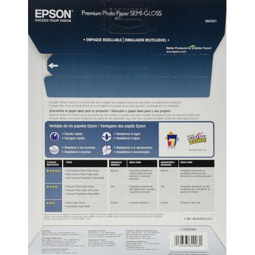 엡손 Epson Premium Photo Paper SEMI-GLOSS (8.5x11 Inches, 20 Sheets) (S041331) , White