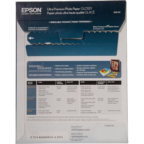 엡손 Epson Ultra Premium Photo Paper Glossy, Letter, 8.5 x 11, 25 Sheets (S042182), White