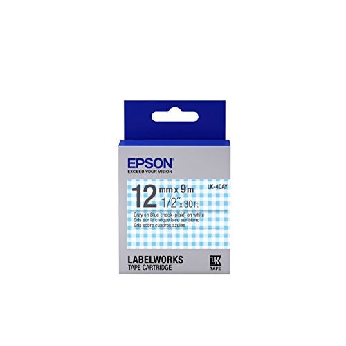엡손 Epson LabelWorks Standard LK (Replaces LC) Tape Cartridge ~1/2 Gray on Blue Plaid (LK-4CAY) - for use with LabelWorks LW-300, LW-400, LW-600P and LW-700 Label Printers