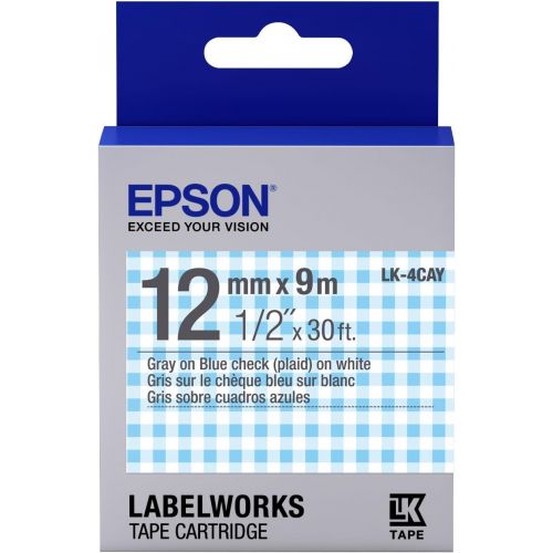 엡손 Epson LabelWorks Standard LK (Replaces LC) Tape Cartridge ~1/2 Gray on Blue Plaid (LK-4CAY) - for use with LabelWorks LW-300, LW-400, LW-600P and LW-700 Label Printers