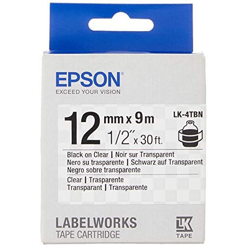 엡손 Epson LabelWorks Clear LK (Replaces LC) Tape Cartridge ~1/2 Black on Clear (LK-4TBN) - for use with LabelWorks LW-300, LW-400, LW-600P and LW-700 Label Printers