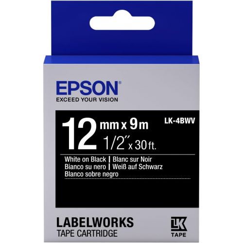 엡손 Epson LabelWorks Standard LK (Replaces LC) Tape Cartridge ~1/2 White on Black (LK-4BWV) - for use with LabelWorks LW-300, LW-400, LW-600P and LW-700 Label Printers