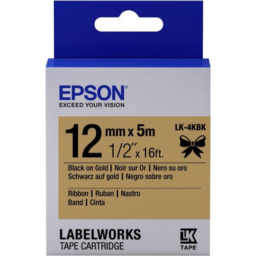 엡손 Epson LabelWorks Ribbon LK (Replaces LC) Tape Cartridge ~1/2 Black on Gold (LK-4KBK) - for use with LabelWorks LW-300, LW-400, LW-600P and LW-700 Label Printers