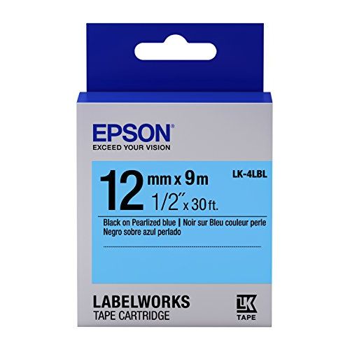 엡손 Epson LabelWorks Standard LK (Replaces LC) Tape Cartridge ~1/2 Black on Pearlized Blue (LK-4LBL) - for use with LabelWorks LW-300, LW-400, LW-600P and LW-700 Label Printers