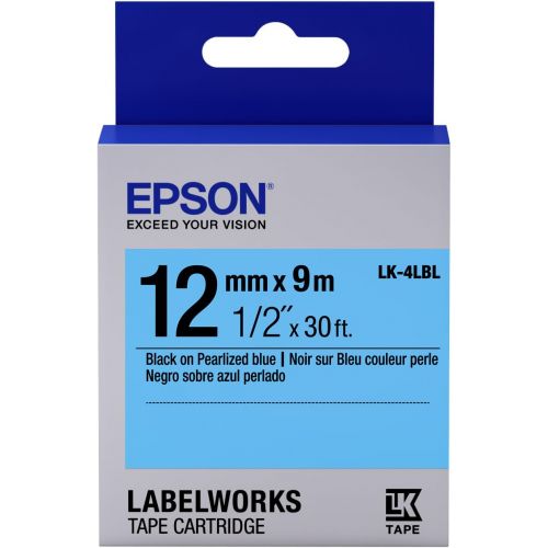 엡손 Epson LabelWorks Standard LK (Replaces LC) Tape Cartridge ~1/2 Black on Pearlized Blue (LK-4LBL) - for use with LabelWorks LW-300, LW-400, LW-600P and LW-700 Label Printers