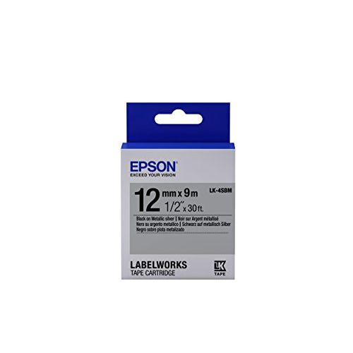 엡손 Epson LabelWorks Standard LK (Replaces LC) Tape Cartridge ~1/2 Black on Metallic Silver (LK-4SBM) - for use with LabelWorks LW-300, LW-400, LW-600P and LW-700 Label Printers