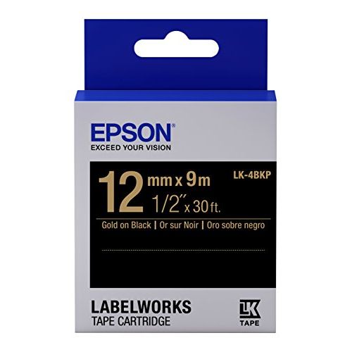 엡손 Epson LabelWorks Standard LK (Replaces LC) Tape Cartridge ~1/2 Gold on Black (LK-4BKP) - for use with LabelWorks LW-300, LW-400, LW-600P and LW-700 Label Printers