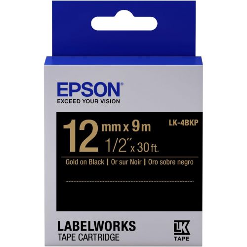 엡손 Epson LabelWorks Standard LK (Replaces LC) Tape Cartridge ~1/2 Gold on Black (LK-4BKP) - for use with LabelWorks LW-300, LW-400, LW-600P and LW-700 Label Printers