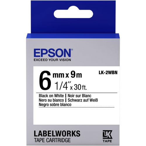 엡손 Epson LabelWorks Standard LK (Replaces LC) Tape Cartridge ~1/4 Black on White (LK-2WBN) - for use with LabelWorks LW-300, LW-400, LW-600P and LW-700 Label Printers
