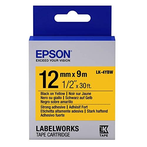 엡손 Epson LabelWorks Strong Adhesive LK (Replaces LC) Tape Cartridge ~1/2 Black on Yellow (LK-4YBW) - for use with LabelWorks LW-300, LW-400, LW-600P and LW-700 Label Printers