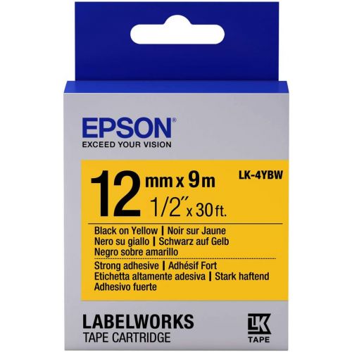 엡손 Epson LabelWorks Strong Adhesive LK (Replaces LC) Tape Cartridge ~1/2 Black on Yellow (LK-4YBW) - for use with LabelWorks LW-300, LW-400, LW-600P and LW-700 Label Printers
