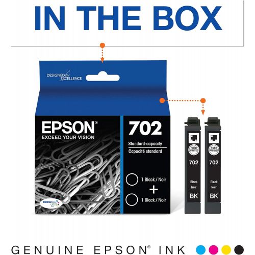 엡손 Epson T702 DURABrite Ultra Ink Standard Capacity Black Dual Cartridge Pack (T702120-D2) for select Epson WorkForce Pro Printers