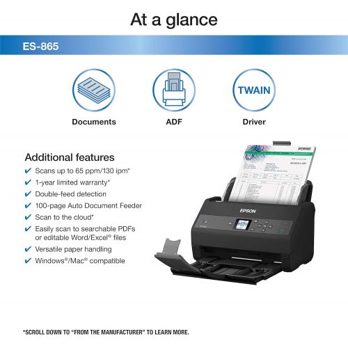 엡손 Epson Workforce ES-865 High Speed Color Duplex Document Scanner with Twain Driver (Renewed)