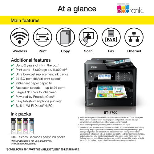 엡손 Epson Workforce Pro ET-8700 EcoTank Color All-in-One Supertank Printer with Scanner, Copier and Fax, WiFi & Ethernet Connectivity