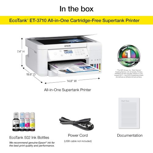 엡손 Epson Ecotank Et-3710 Wireless Color Inkjet All-in-One Supertank Printer, White