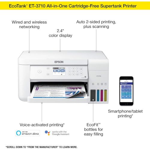 엡손 Epson Ecotank Et-3710 Wireless Color Inkjet All-in-One Supertank Printer, White