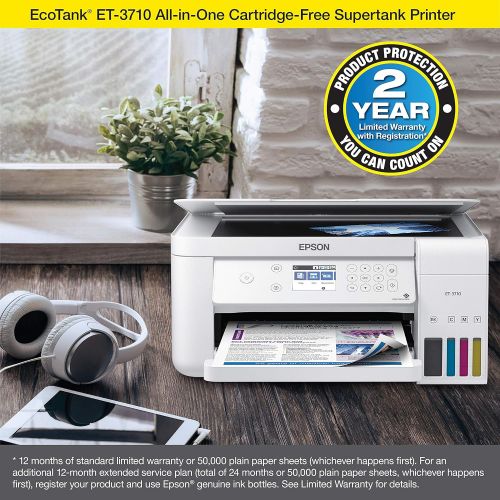 엡손 Epson Ecotank Et-3710 Wireless Color Inkjet All-in-One Supertank Printer, White