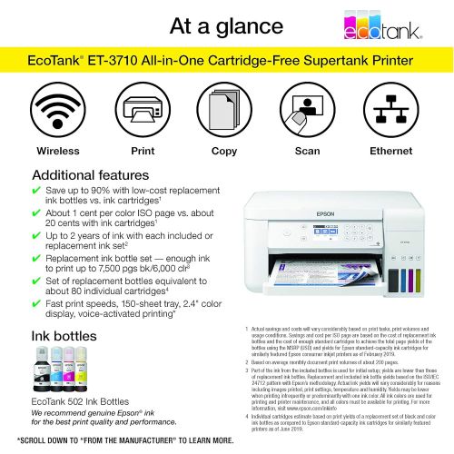 엡손 Epson Ecotank Et-3710 Wireless Color Inkjet All-in-One Supertank Printer, White