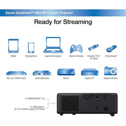 엡손 Epson EpiqVision Mini EF11 Laser Projector, 3LCD, Portable, Full HD 1080p, 1000 lumens Color Brightness and White Brightness, Compatible with Roku, FireTV, Chromecast, Playstation,