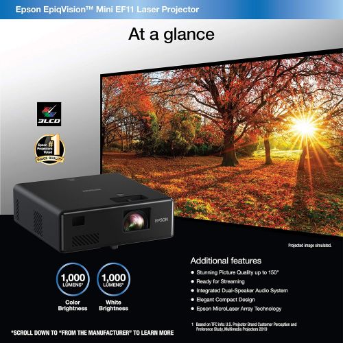 엡손 Epson EpiqVision Mini EF11 Laser Projector, 3LCD, Portable, Full HD 1080p, 1000 lumens Color Brightness and White Brightness, Compatible with Roku, FireTV, Chromecast, Playstation,