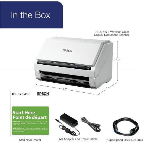 엡손 Epson DS-575W II Wireless Color Duplex Document Scanner for PC and Mac with 50-Page Auto Document Feeder (ADF), Twain and ISIS Drivers, Epson Smart Panel Mobile App