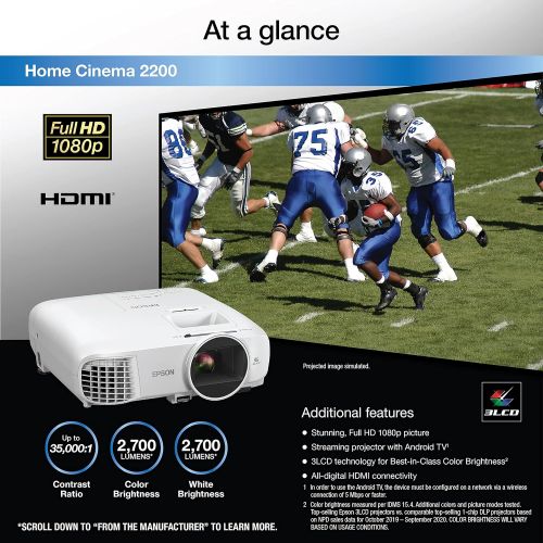 엡손 Epson Home Cinema 2200 3-chip 3LCD 1080p Projector, Built-in Android TV & Speaker, Streaming/Gaming/Home Theater, 35,000:1 Contrast, 2700 lumens Color and White Brightness, HDMI, W