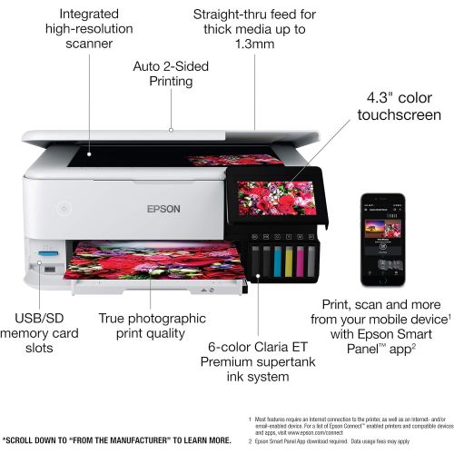 엡손 Epson EcoTank Photo ET-8500 Wireless Wide-Format Color All-in-One Supertank Printer with Scanner, Copier, Ethernet and 4.3-inch Color Touchscreen
