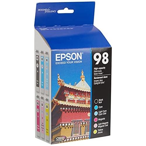 엡손 Epson 98 Black & Color C/M/Y/LC/LM - -Ink -Cartridges, T098120-BCS, High Yield, Combo 6/Pack