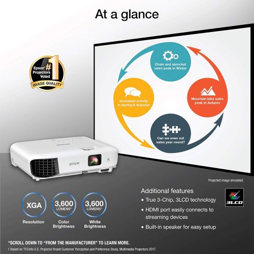 엡손 Epson EX3280 3-Chip 3LCD XGA Projector, 3,600 Lumens Color Brightness, 3,600 Lumens White Brightness, HDMI, Built-in Speaker, 15,000:1 Contrast Ratio