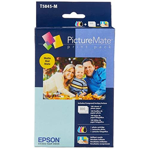 엡손 Epson T5845-M PictureMate Print Pack Includes Inkjet Cartridge, 100 Sheets Matte Photo Paper,1 cartridge containing;black,cyan,magenta,yellow