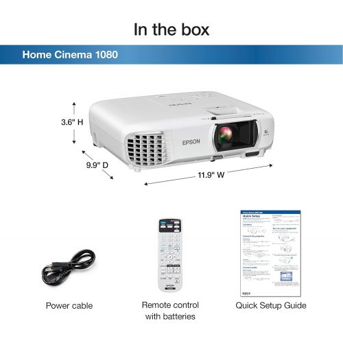 엡손 Epson Home Cinema 1080 3-chip 3LCD 1080p Projector, 3400 lumens Color and White Brightness, Streaming/Gaming/Home Theater, Built-in Speaker, Auto Picture Skew, 16,000:1 Contrast, D