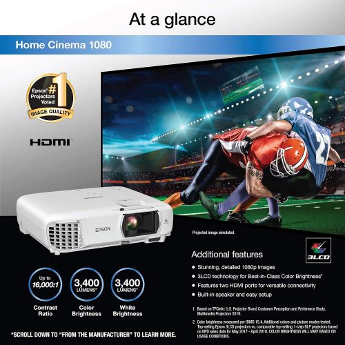 엡손 Epson Home Cinema 1080 3-chip 3LCD 1080p Projector, 3400 lumens Color and White Brightness, Streaming/Gaming/Home Theater, Built-in Speaker, Auto Picture Skew, 16,000:1 Contrast, D