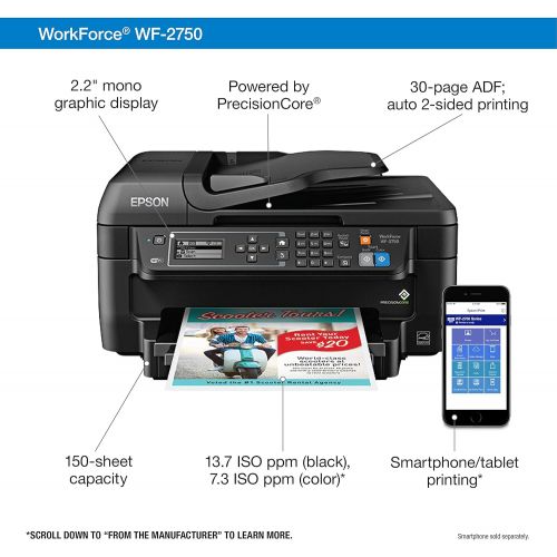 엡손 Epson WF-2750 All-in-One Wireless Color Printer with Scanner, Copier & Fax, Amazon Dash Replenishment Ready