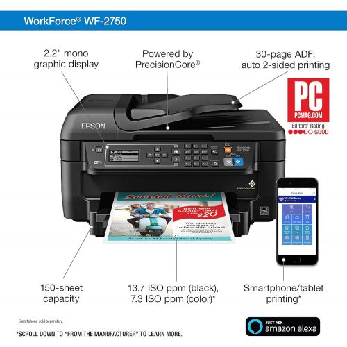 엡손 Epson WF-2750 All-in-One Wireless Color Printer with Scanner, Copier & Fax, Amazon Dash Replenishment Ready