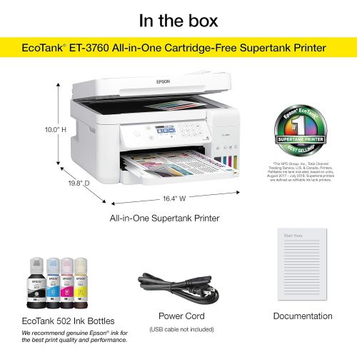 엡손 Epson EcoTank ET-3760 Wireless Color All-in-One Cartridge-Free Supertank Printer with Scanner, Copier and Ethernet, Regular