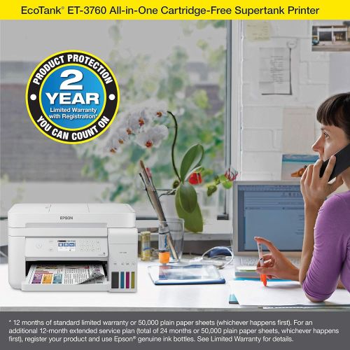 엡손 Epson EcoTank ET-3760 Wireless Color All-in-One Cartridge-Free Supertank Printer with Scanner, Copier and Ethernet, Regular