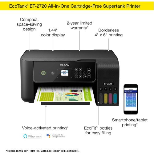 엡손 Epson EcoTank ET-2720 Wireless Color All-in-One Supertank Printer with Scanner and Copier - Black