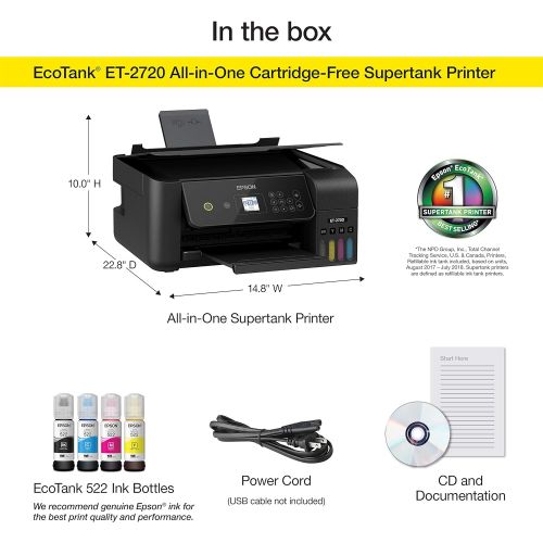 엡손 Epson EcoTank ET-2720 Wireless Color All-in-One Supertank Printer with Scanner and Copier - Black