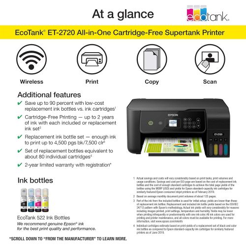 엡손 Epson EcoTank ET-2720 Wireless Color All-in-One Supertank Printer with Scanner and Copier - Black