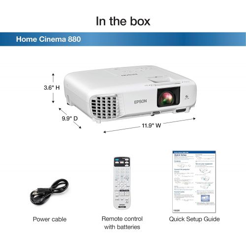 엡손 Epson Home Cinema 880 3-chip 3LCD 1080p Projector, 3300 lumens Color and White Brightness, Streaming and Home Theater, Built-in Speaker, Auto Picture Skew, 16,000:1 Contrast, HDMI