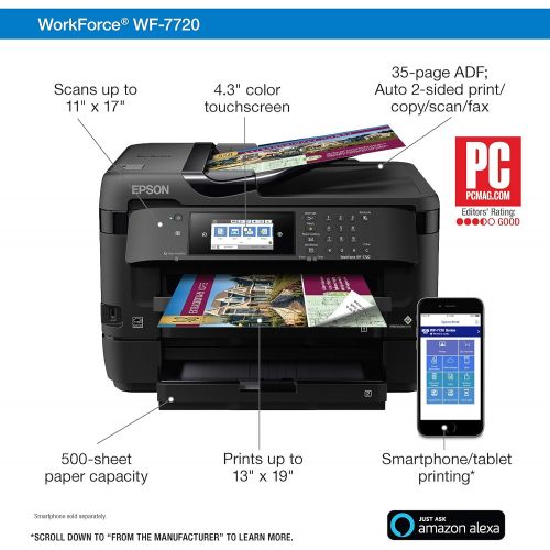 엡손 Epson WorkForce WF-7720 Wireless Wide-format Color Inkjet Printer with Copy, Scan, Fax, Wi-Fi Direct and Ethernet, Amazon Dash Replenishment Ready