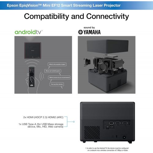 엡손 Epson EpiqVision Mini EF12 Smart Streaming Laser Projector, HDR, Android TV, Portable, sound by Yamaha, 3LCD, Full HD 1080p, 1000 lumens Color and White Brightness Bluetooth suppor