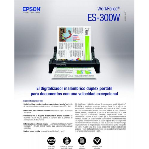 엡손 [아마존베스트]Epson WorkForce ES-300W Wireless Color Portable Document Scanner with ADF for PC and Mac, Sheet-fed and Duplex Scanning