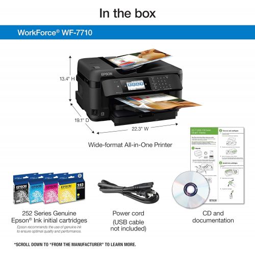 엡손 [아마존베스트]Epson WorkForce WF-7710 Wireless Wide-format Color Inkjet Printer with Copy, Scan, Fax, Wi-Fi Direct and Ethernet, Amazon Dash Replenishment Ready