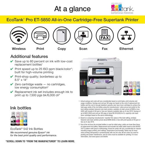 엡손 [아마존베스트]Epson EcoTank Pro ET-5850 Wireless Color All-in-One Supertank Printer with Scanner, Copier, Fax and Ethernet Plus 2 Years of Unlimited Ink, Works with Alexa