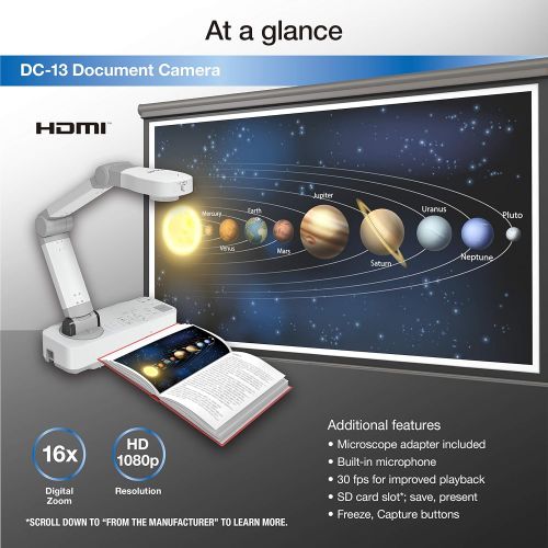 엡손 [아마존베스트]Epson DC-13 High-Definition Document Camera with HDMI, 16x Digital Zoom and 1080p Resolution,White