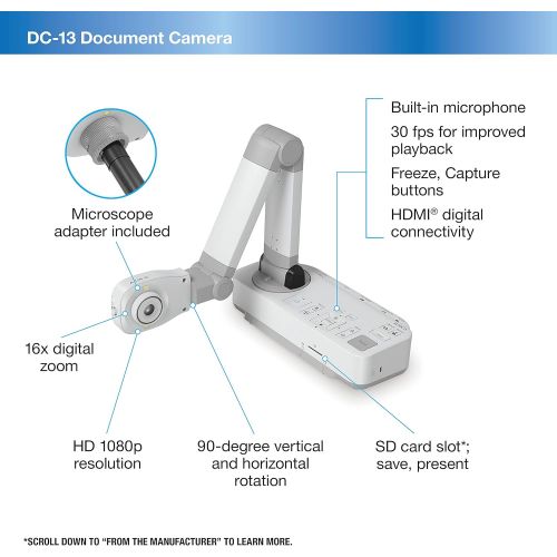엡손 [아마존베스트]Epson DC-13 High-Definition Document Camera with HDMI, 16x Digital Zoom and 1080p Resolution,White