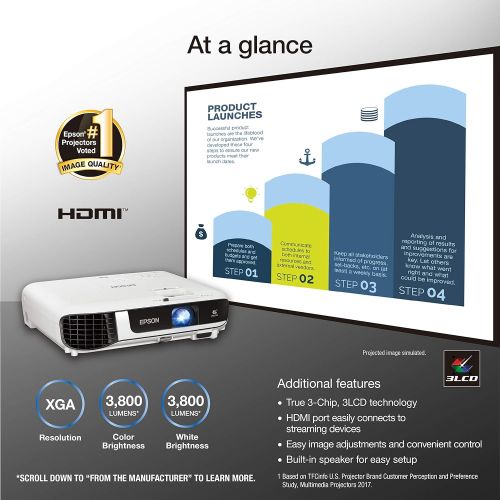 엡손 Epson EX5280 3-Chip 3LCD XGA Projector, 3,800 Lumens Color Brightness, 3,800 Lumens White Brightness, HDMI, Built-in Speaker, 16,000:1 Contrast Ratio