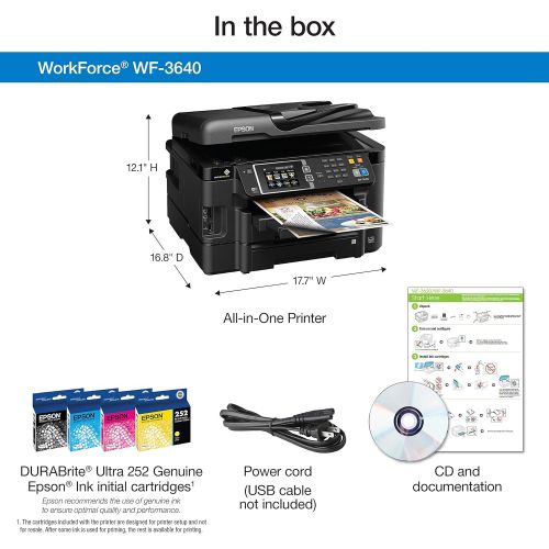 엡손 Epson WorkForce WF-3640 Wireless Color All-in-One Inkjet Printer with Scanner and Copier (E-Commerce Packaging)